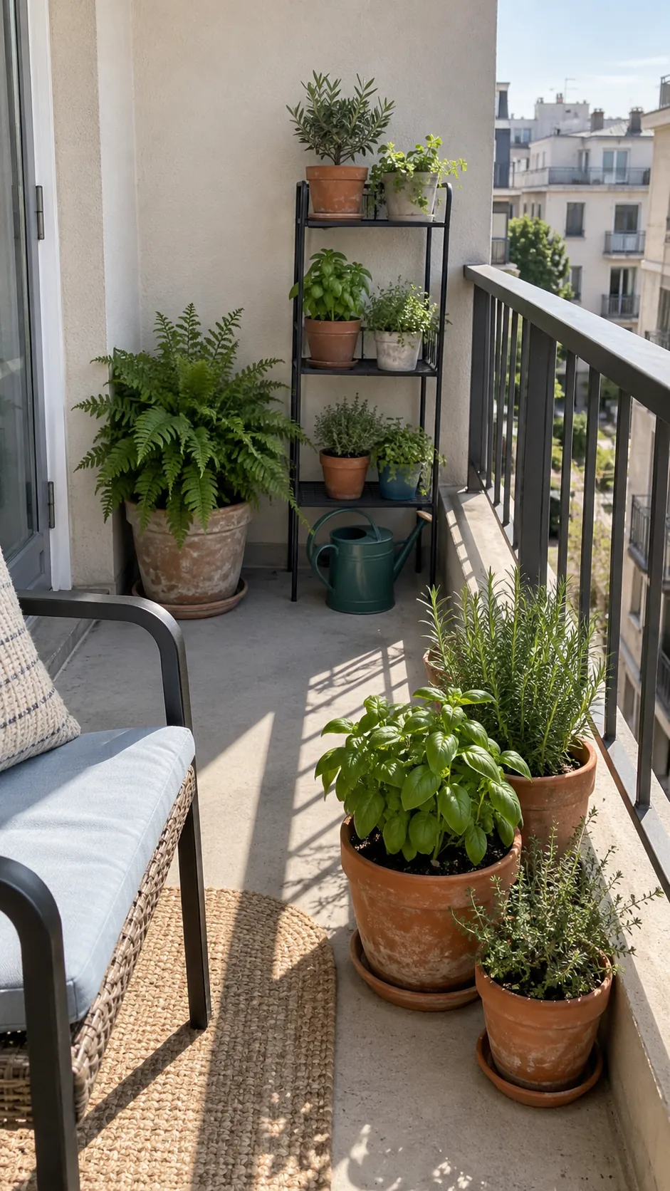 Small terrace plants grouped by light beside compact seating