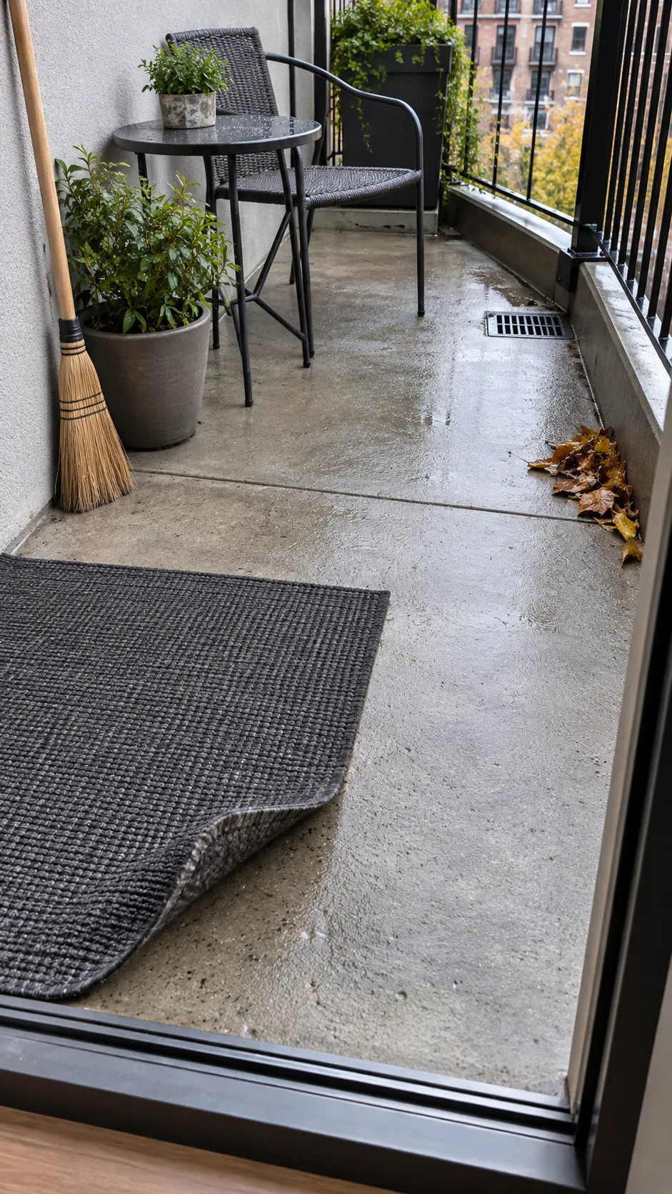 Small terrace floor with clear drainage and simple outdoor furnishings