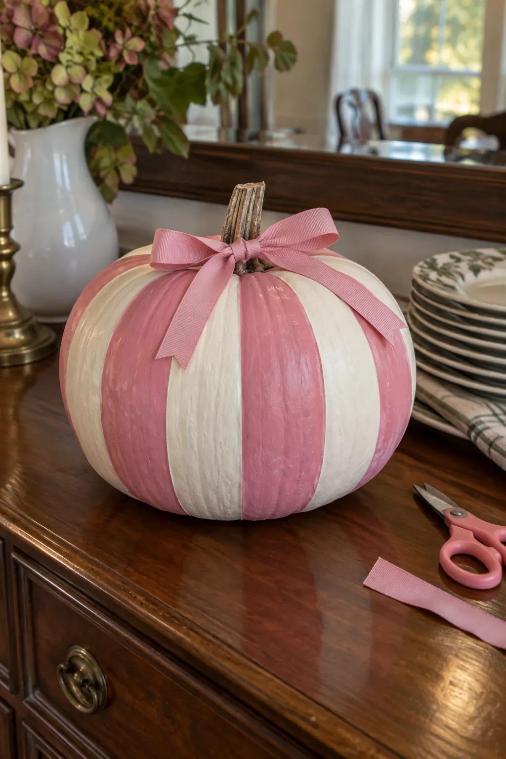 Pink painted pumpkin with preppy pink and cream stripes design