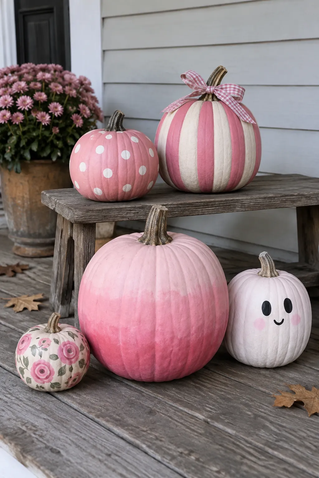 Pink painted pumpkins with varied floral and graphic fall designs