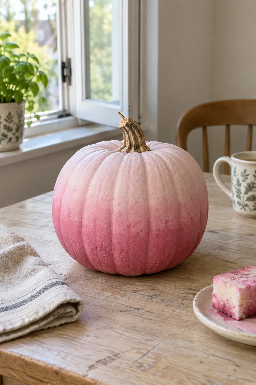 Pink painted pumpkin with pastel pink ombre design