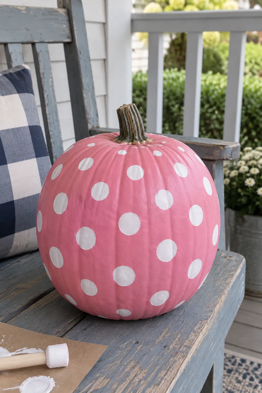 Pink painted pumpkin with white dots on bubblegum pink design