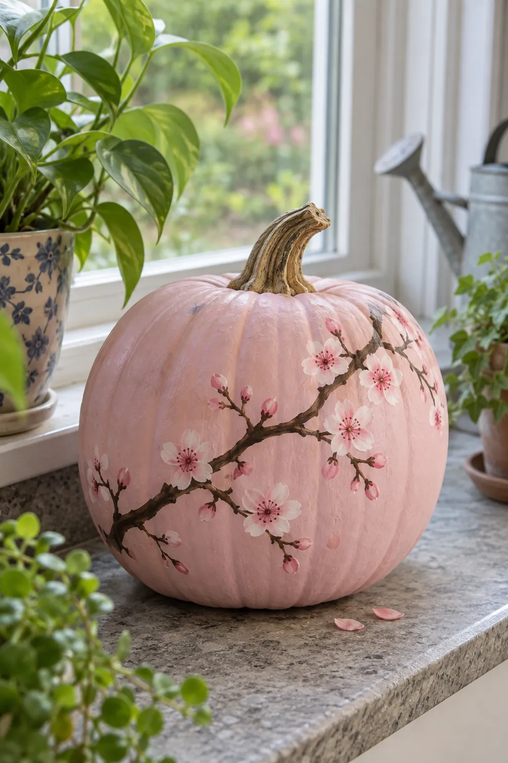Pink painted pumpkin with cherry blossom branches design