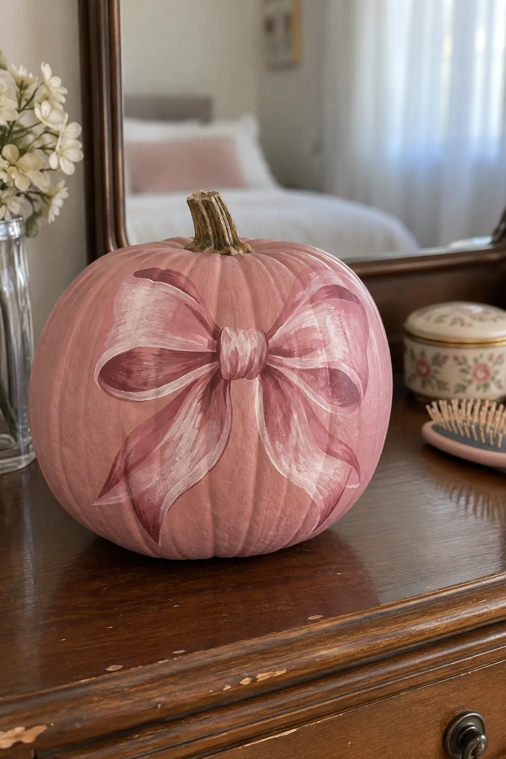 Pink painted pumpkin with painted satin bow design