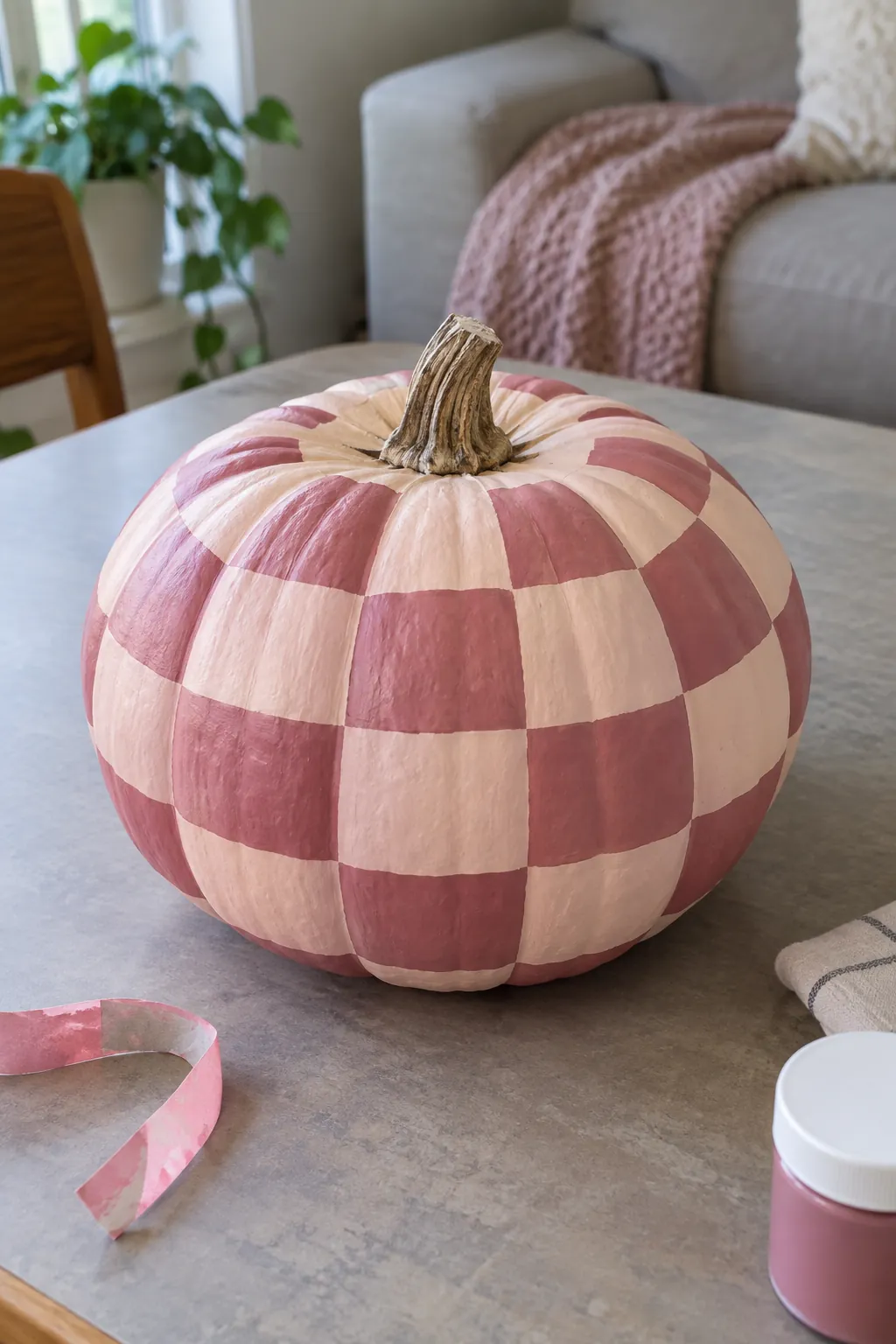 Pink painted pumpkin with blush checkerboard design