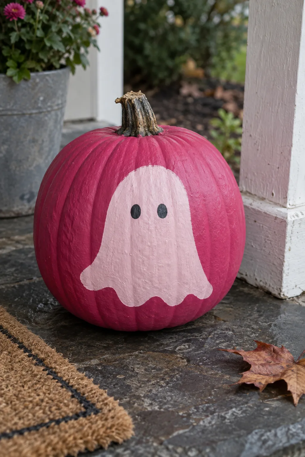 Pink painted pumpkin with friendly pink ghost design