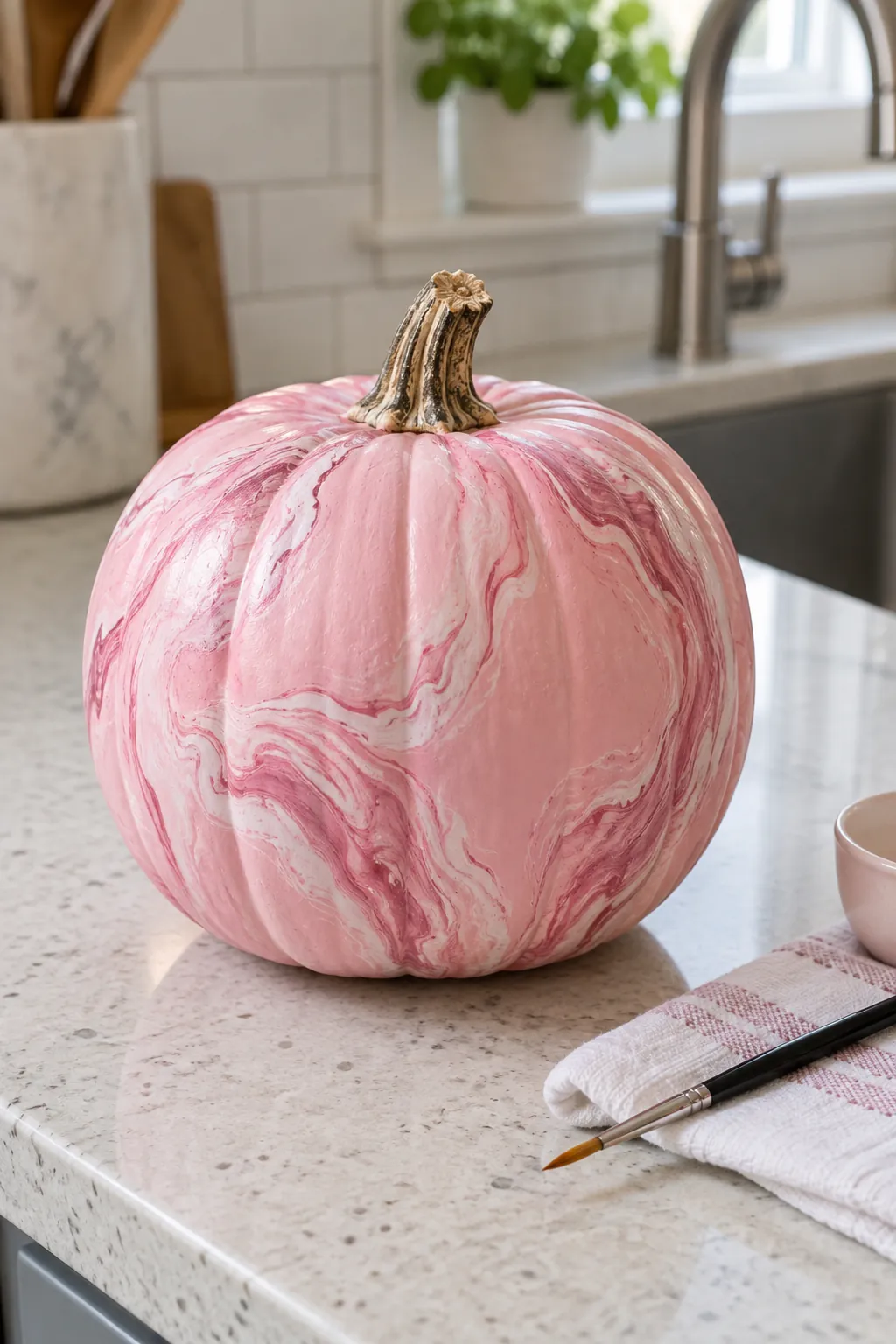 Pink painted pumpkin with swirled pink marble design