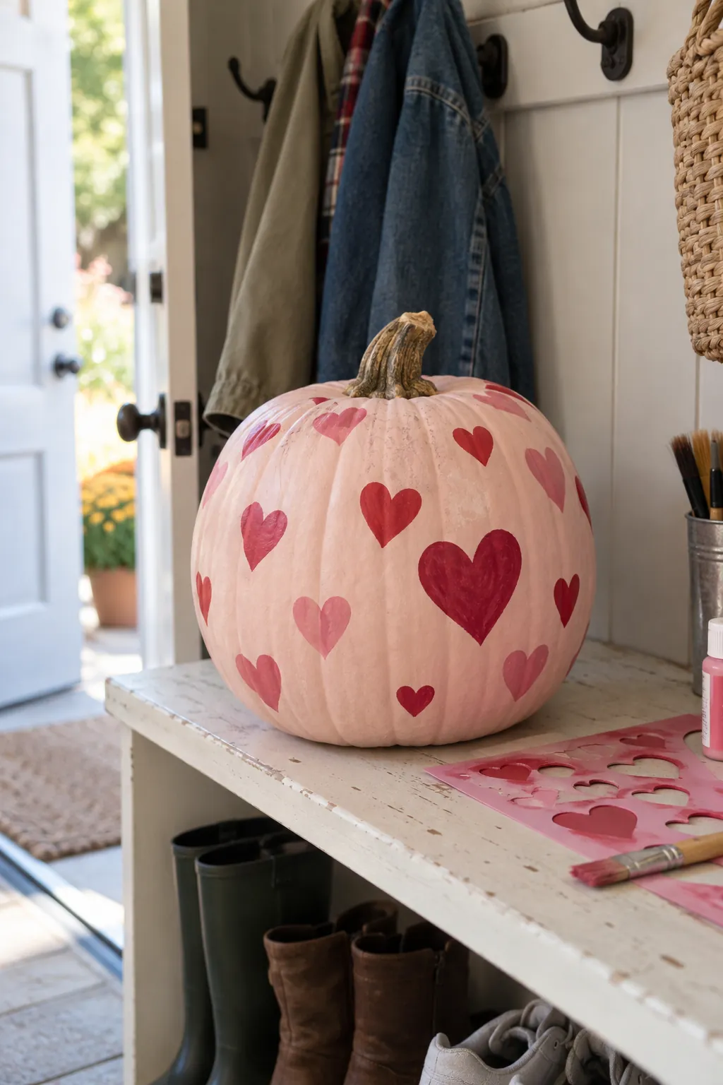 Pink painted pumpkin with heart stencil scatter design