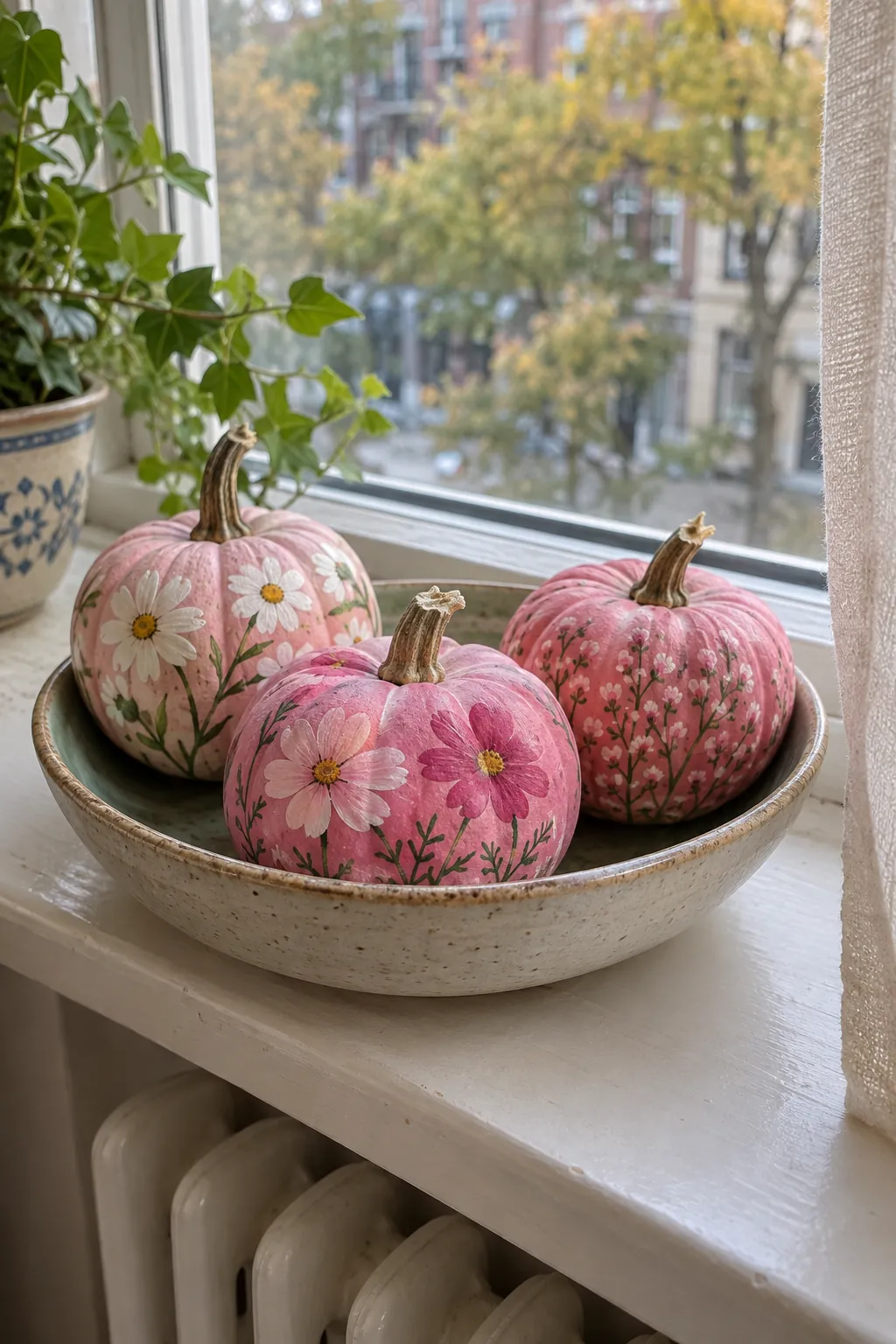 Pink painted pumpkin with tiny pumpkins with wildflowers design