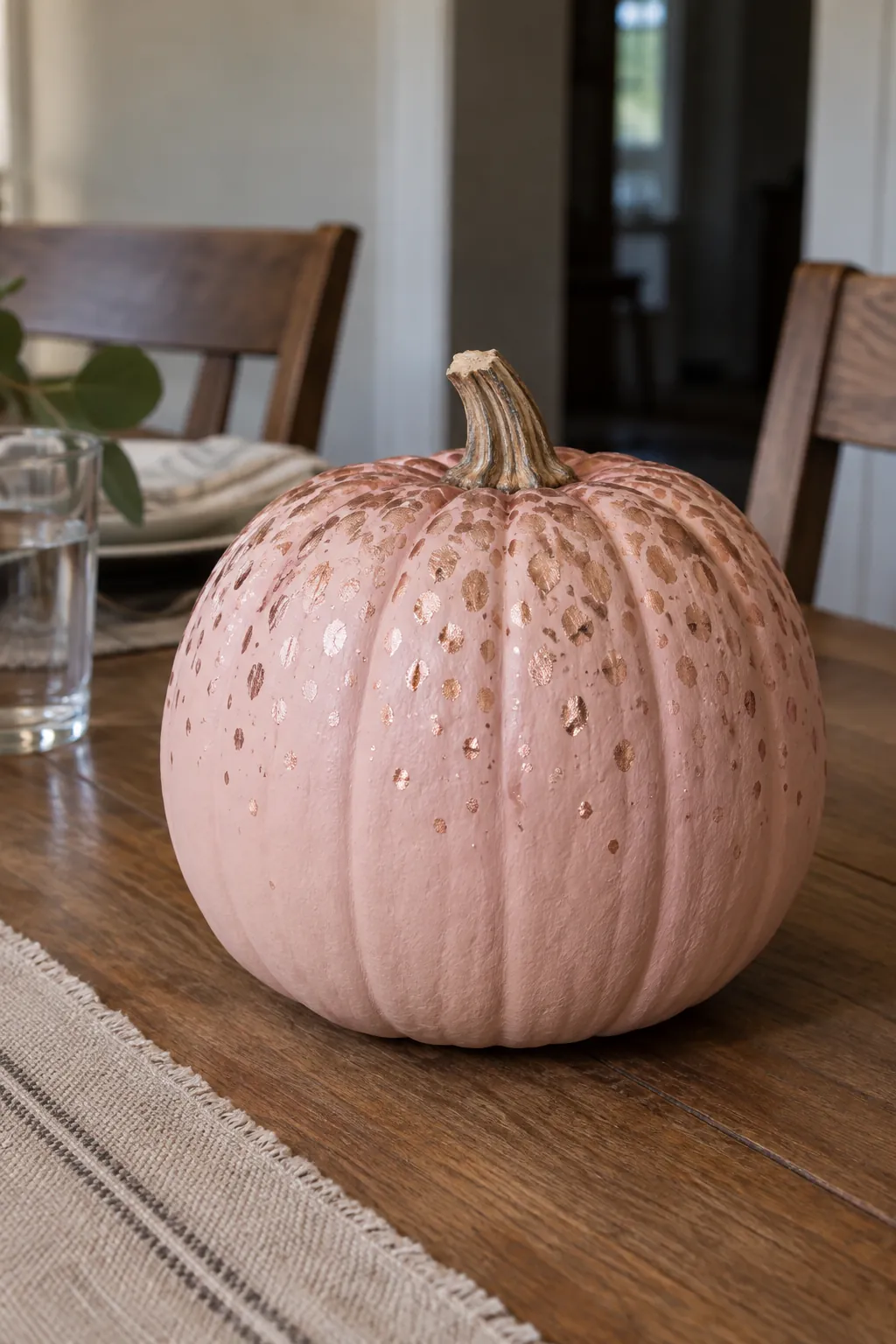 Pink painted pumpkin with rose gold flecks design