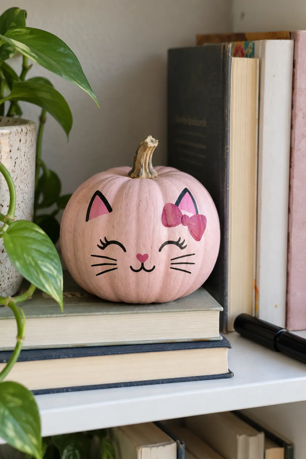 Pink painted pumpkin with bow and whisker cat design