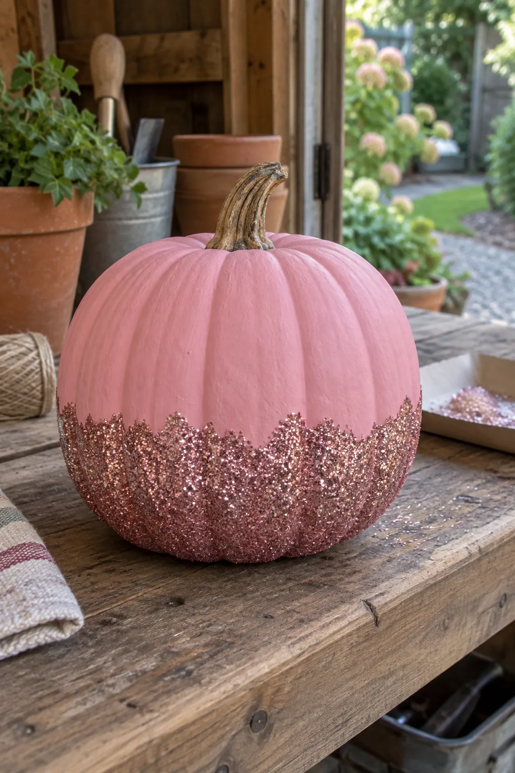 Pink painted pumpkin with glitter dipped base design