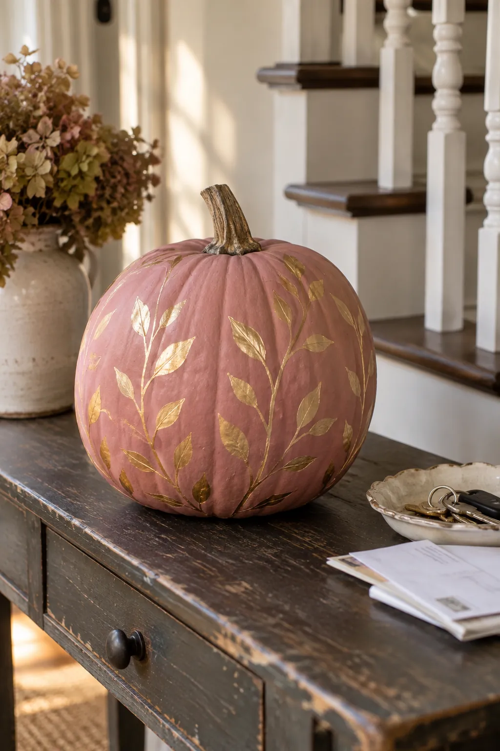 Pink painted pumpkin with gold leaf branches design