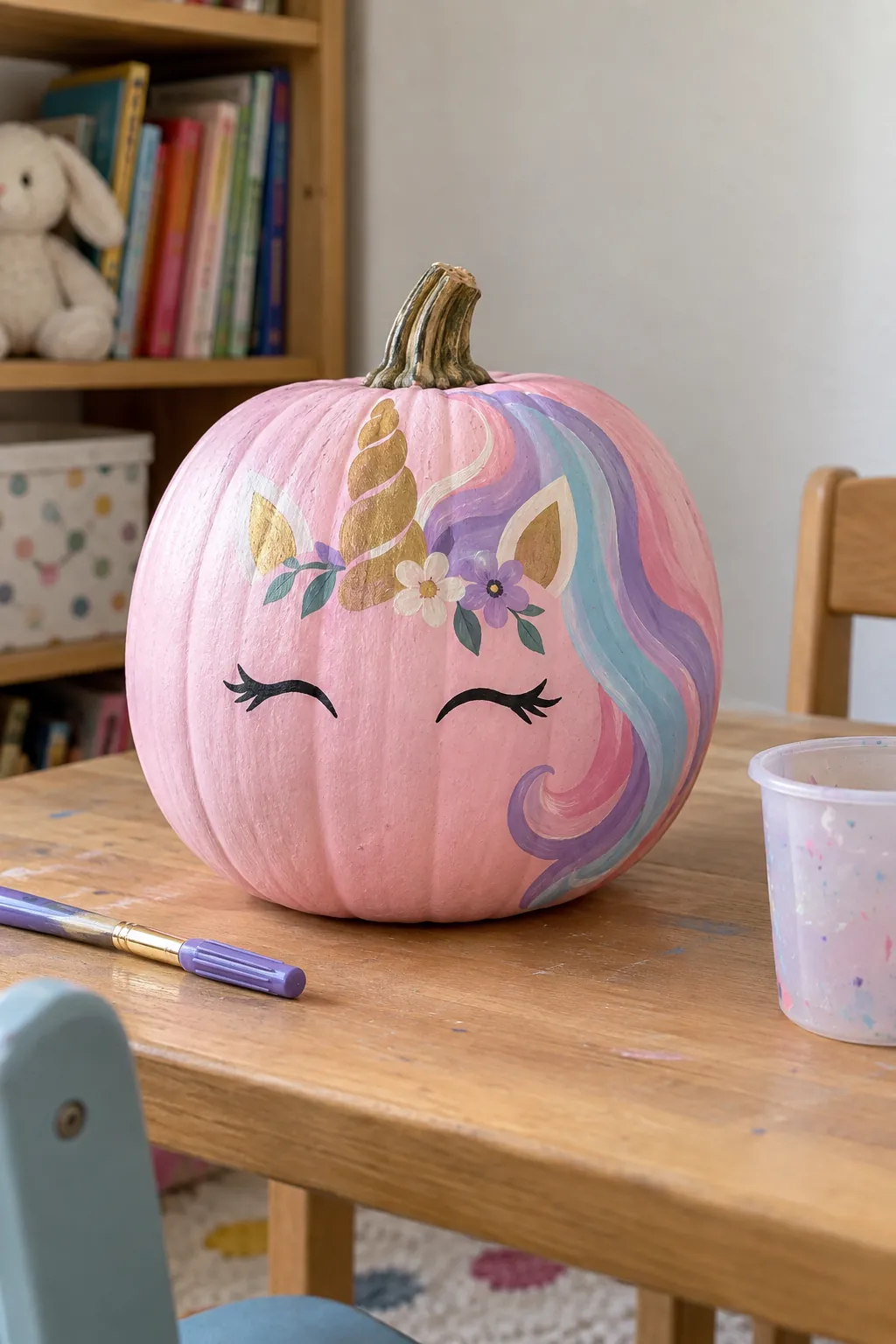 Pink painted pumpkin with unicorn face with painted mane design