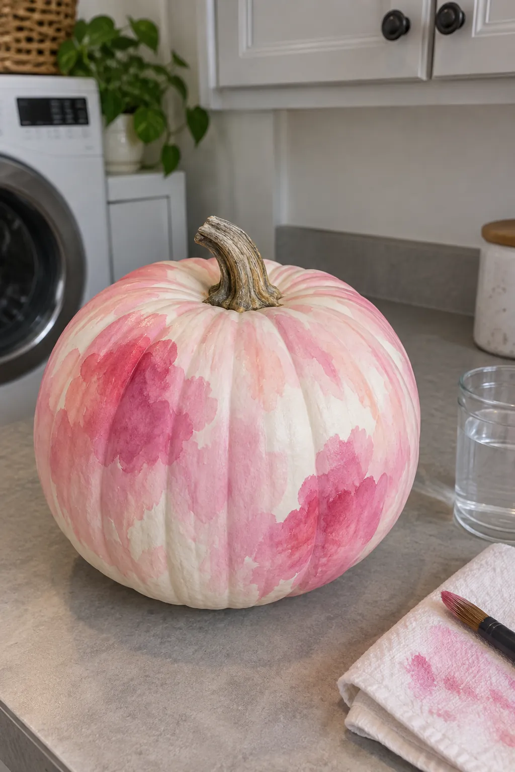 Pink painted pumpkin with watercolor style wash design