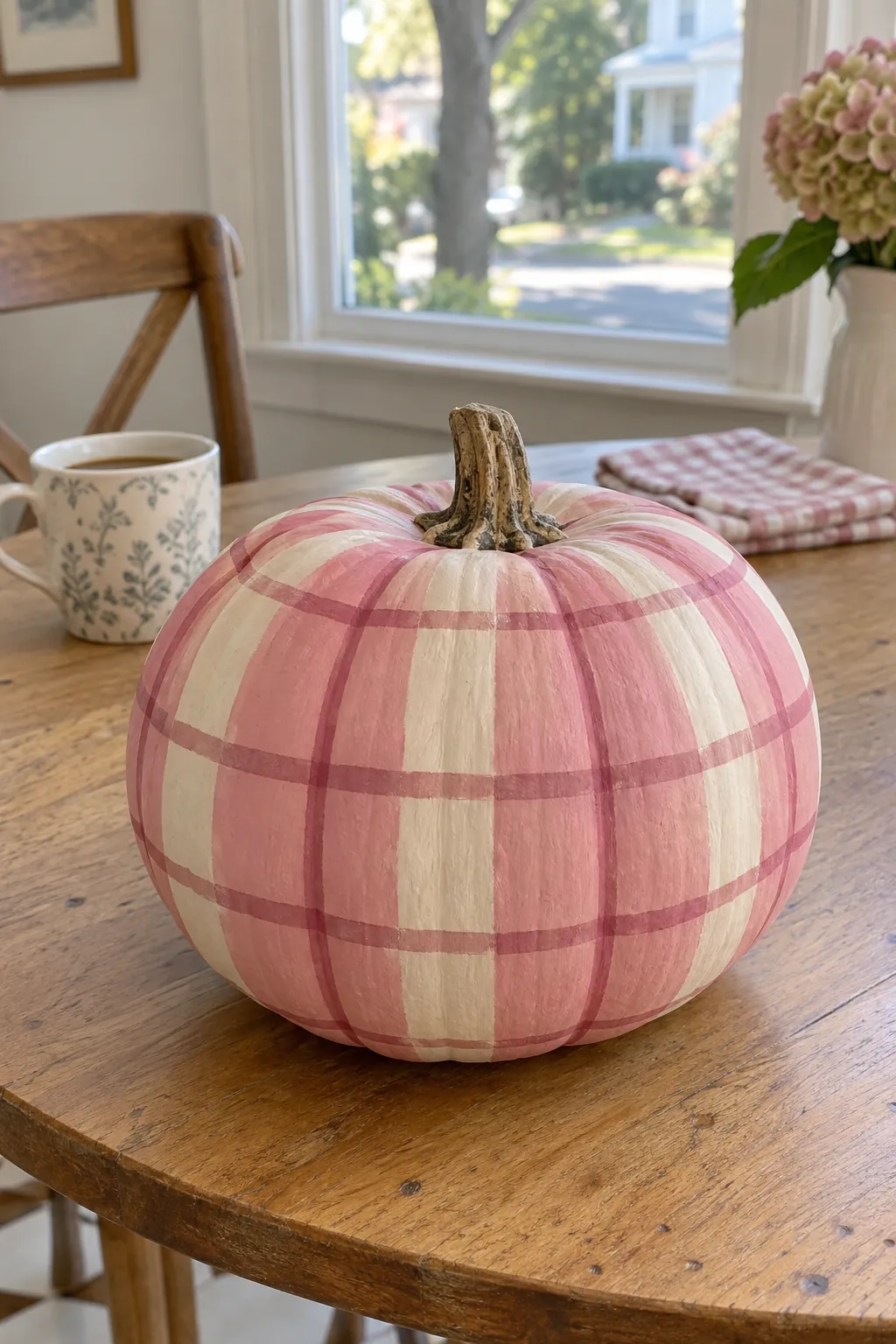 Pink painted pumpkin with rose and cream plaid design