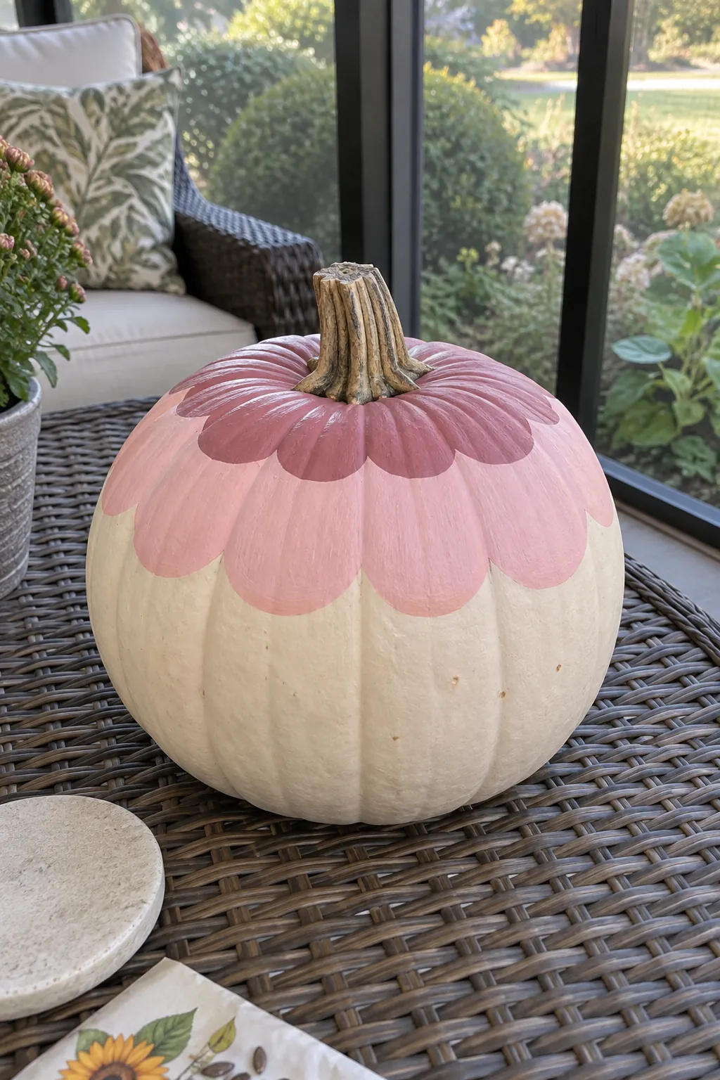 Pink painted pumpkin with scalloped pink bands design