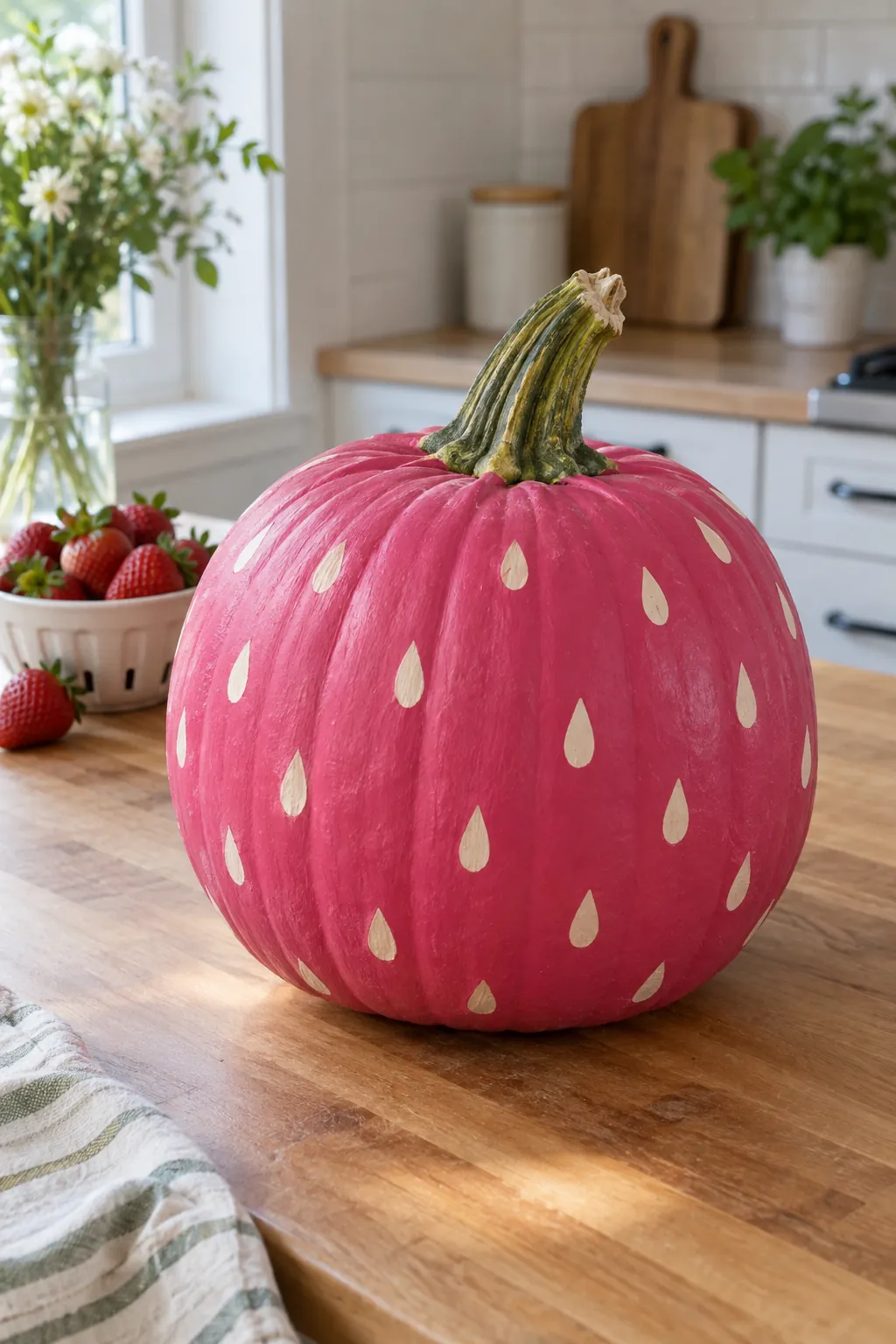 Pink painted pumpkin with strawberry pink pumpkin design