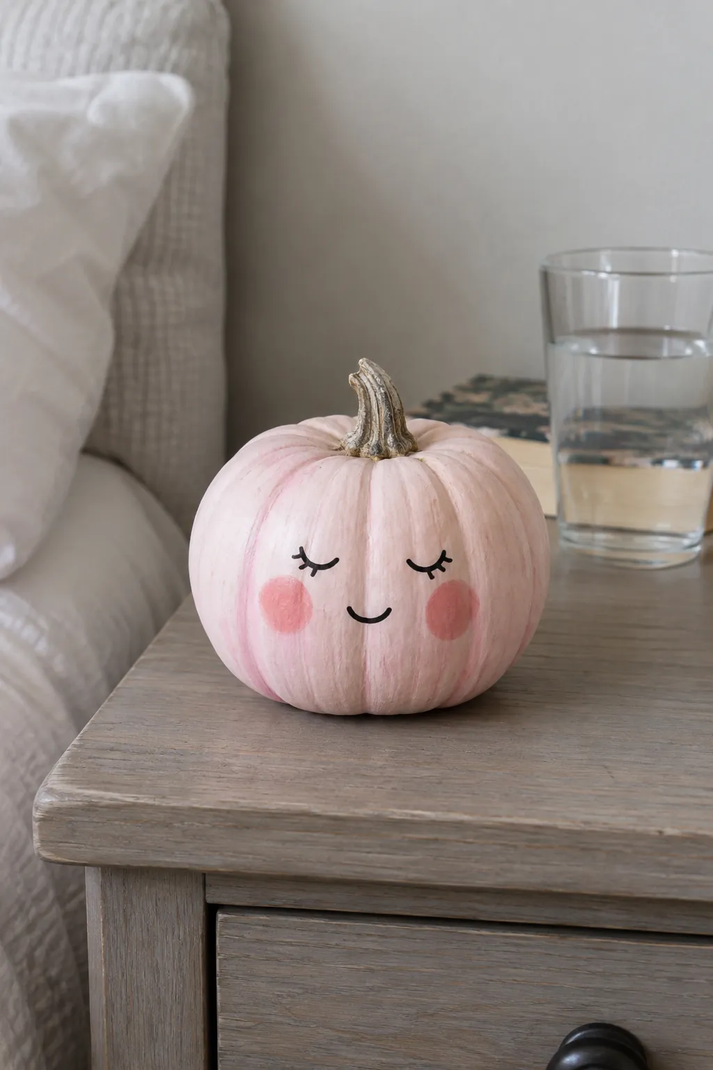 Pink painted pumpkin with blushing face design