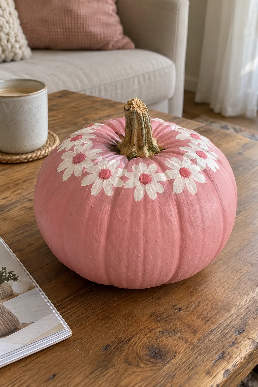 Pink painted pumpkin with daisy wreath around the stem design