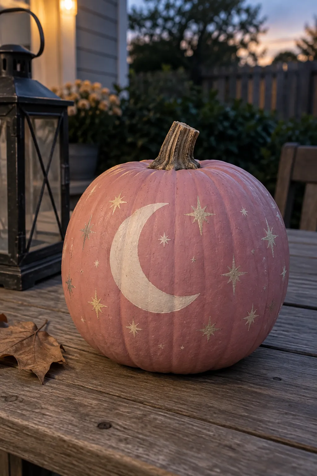 Pink painted pumpkin with pink moon and stars design