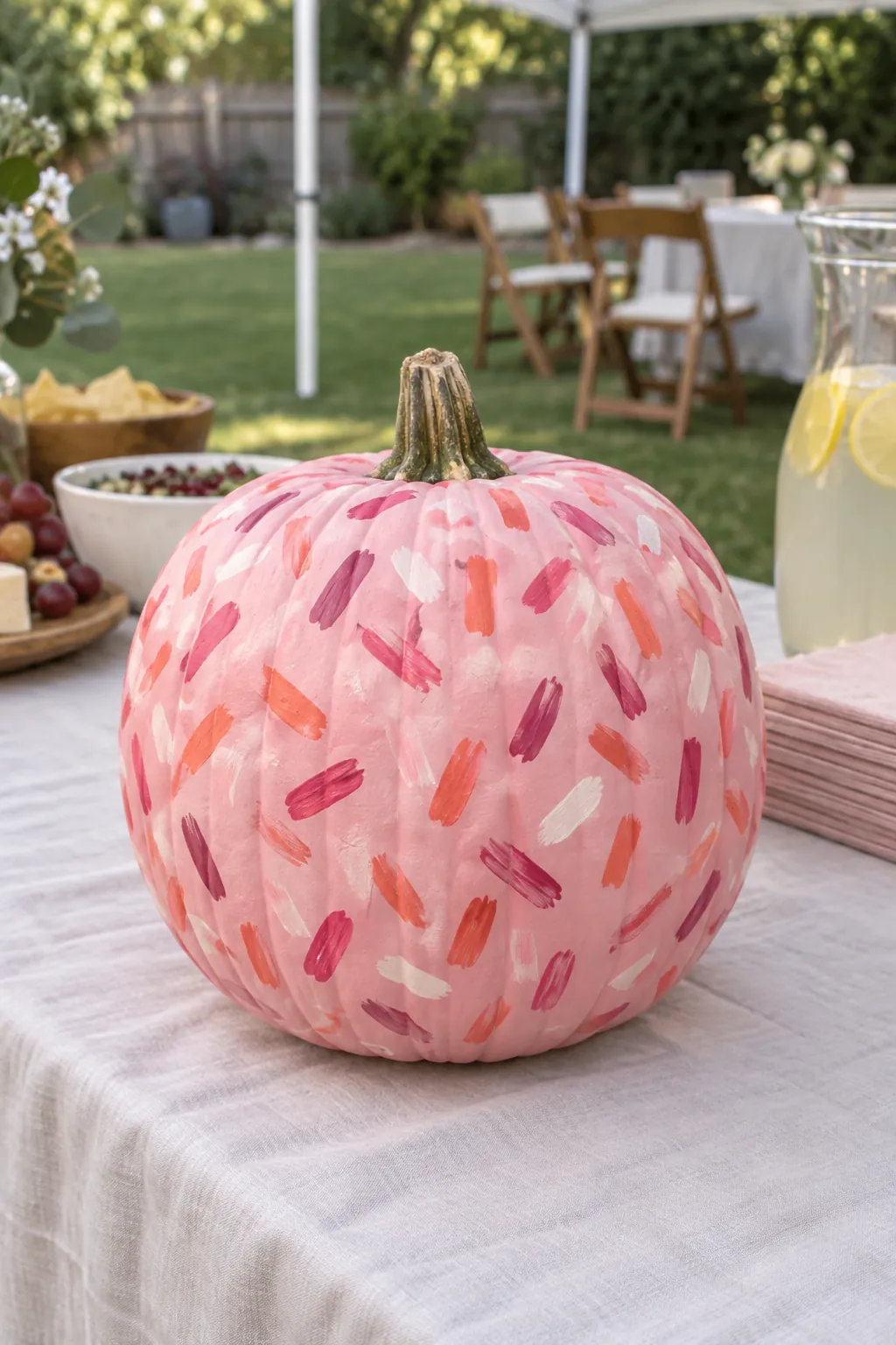 Pink painted pumpkin with confetti brushstrokes design