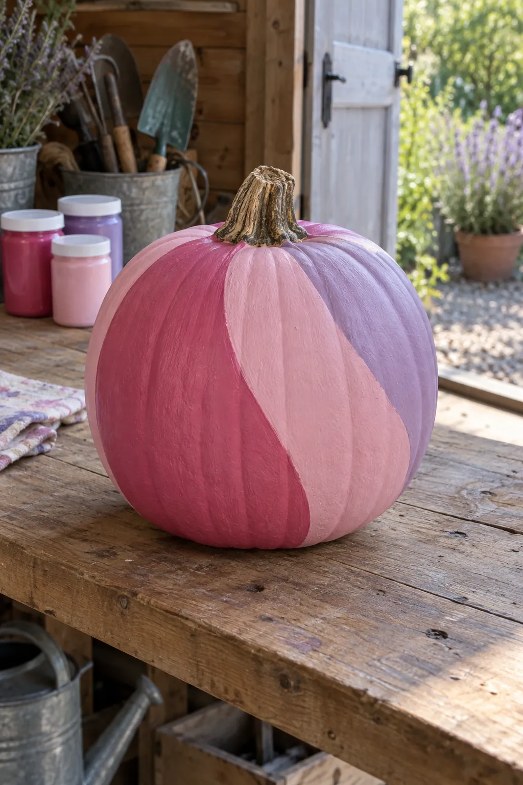 Pink painted pumpkin with purple and pink color blocks design