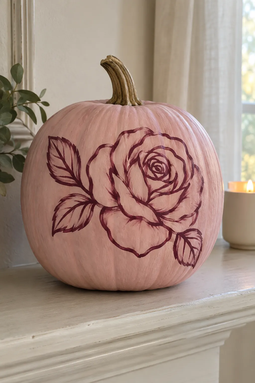 Pink painted pumpkin with simple rose outline design