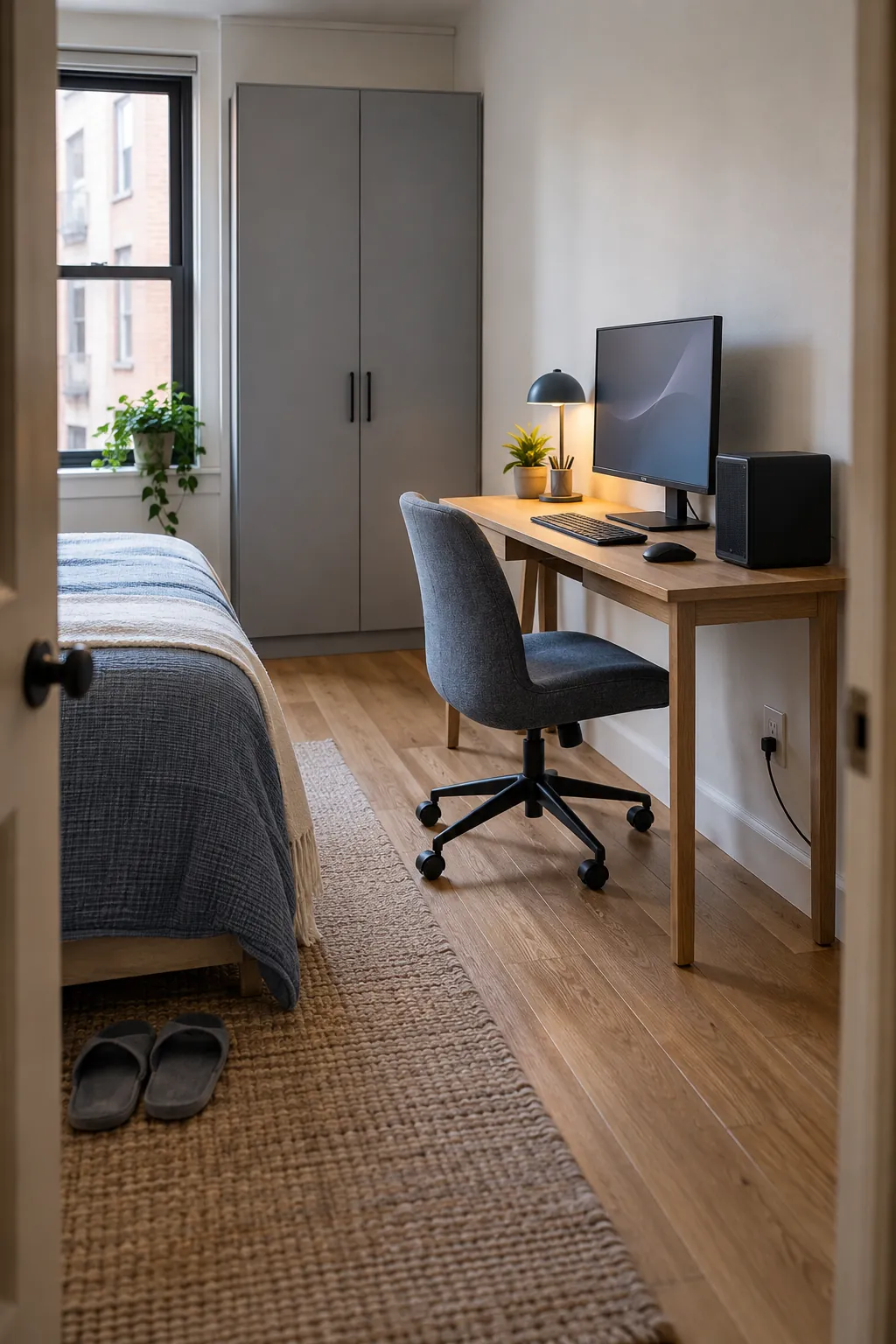 Place a slim desk on the longest wall in a practical gaming room setup