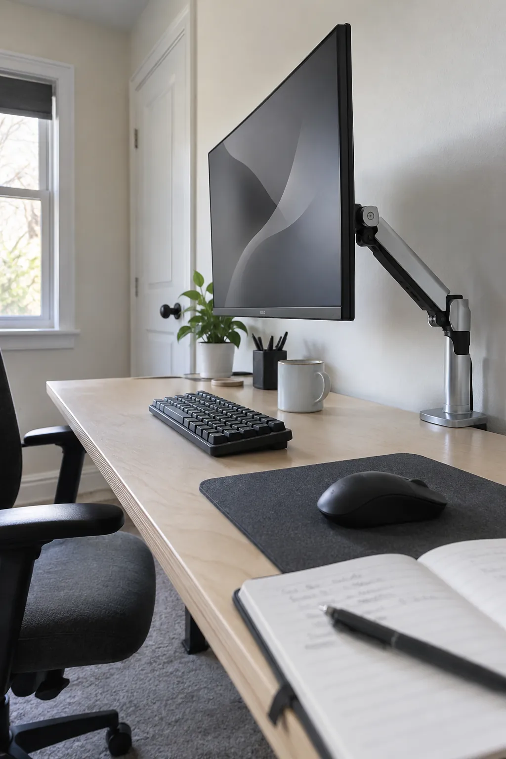 Free desk depth with a monitor arm in a practical gaming room setup