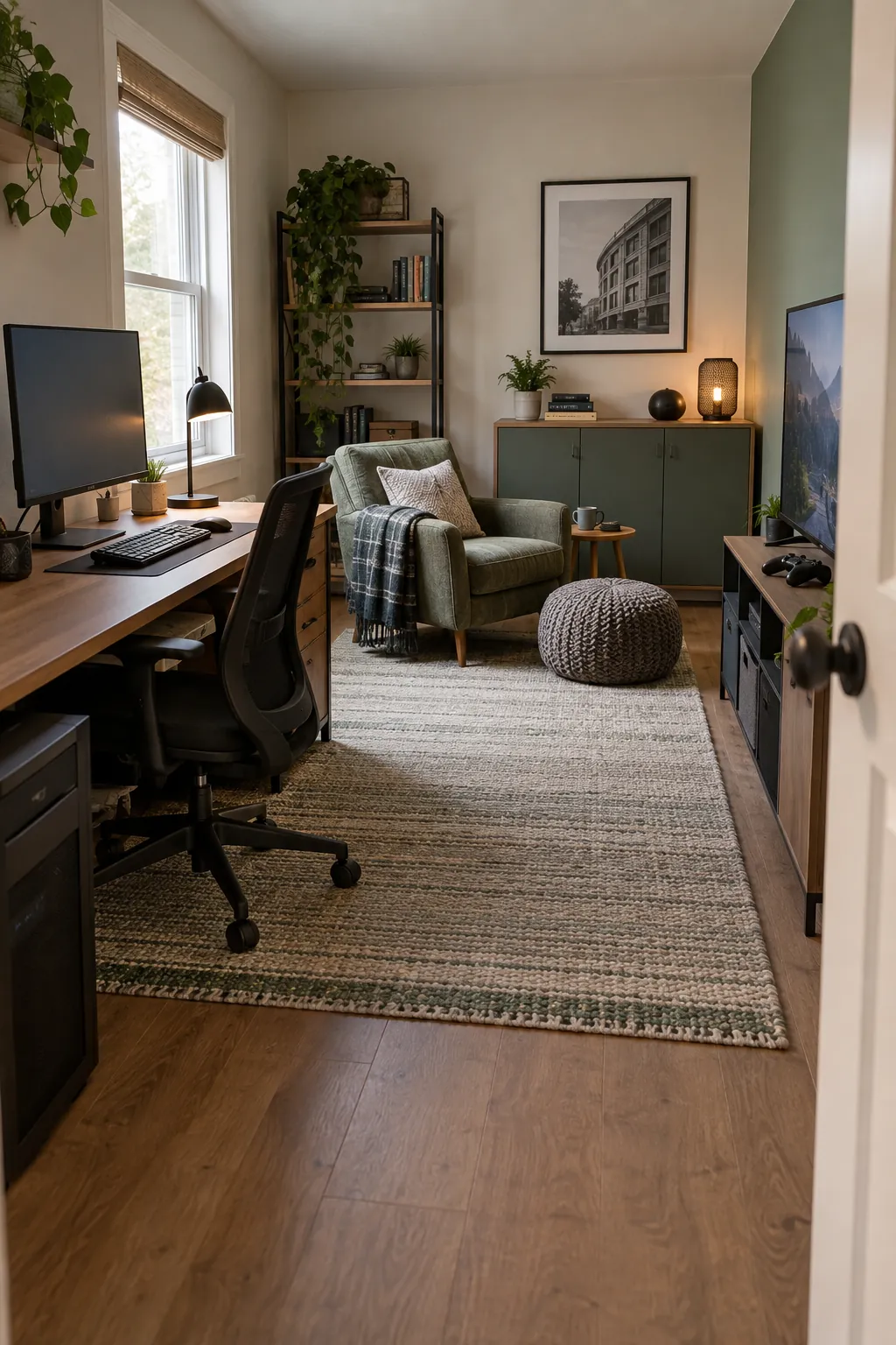 Compact gaming room with a practical desk, seating, and layered light