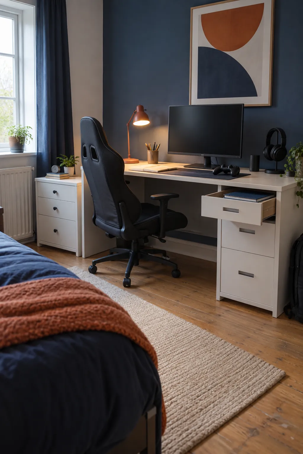 Make the bedroom desk serve two jobs in a practical gaming room setup