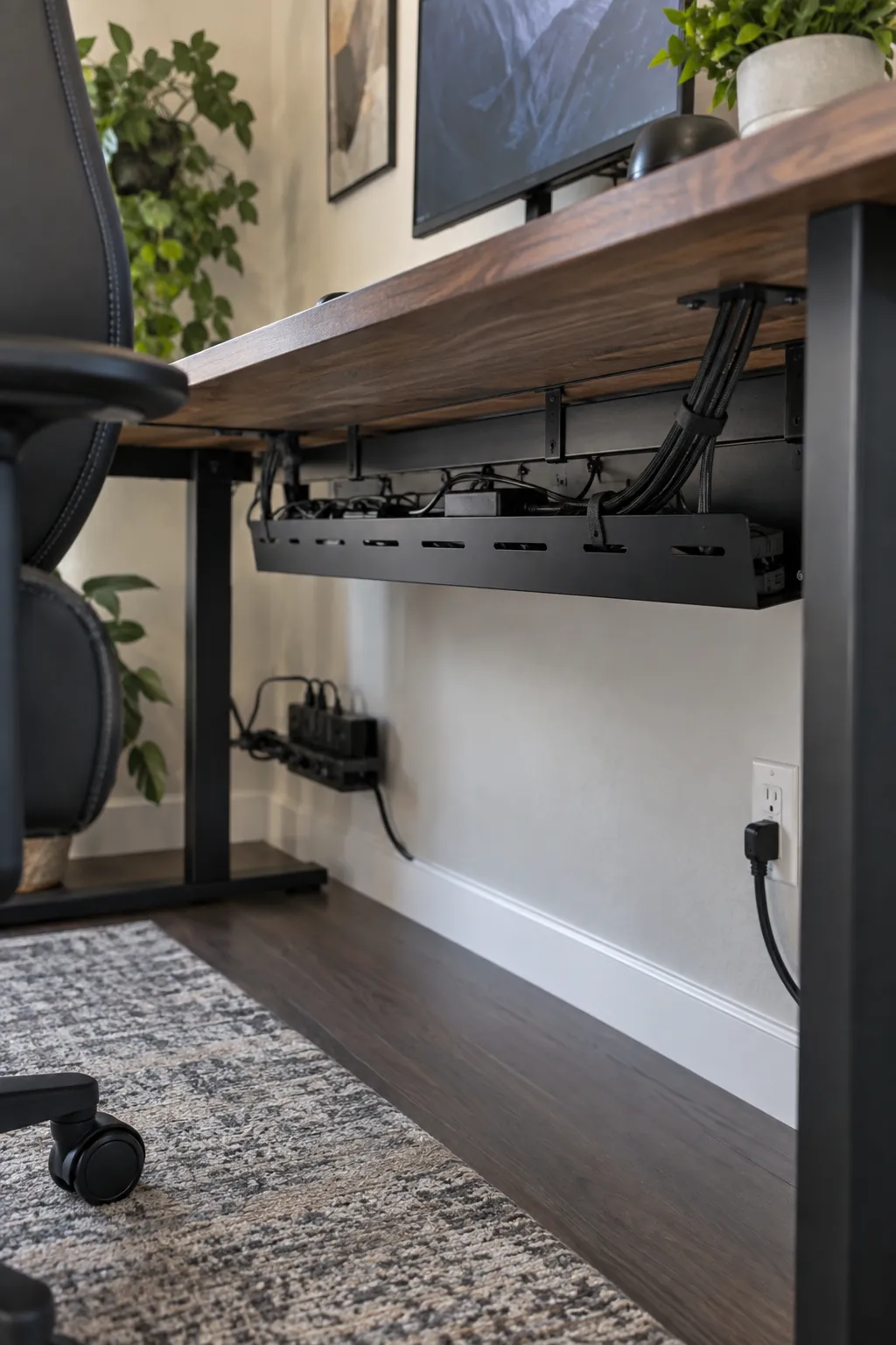 Tuck cables into an under desk tray in a practical gaming room setup