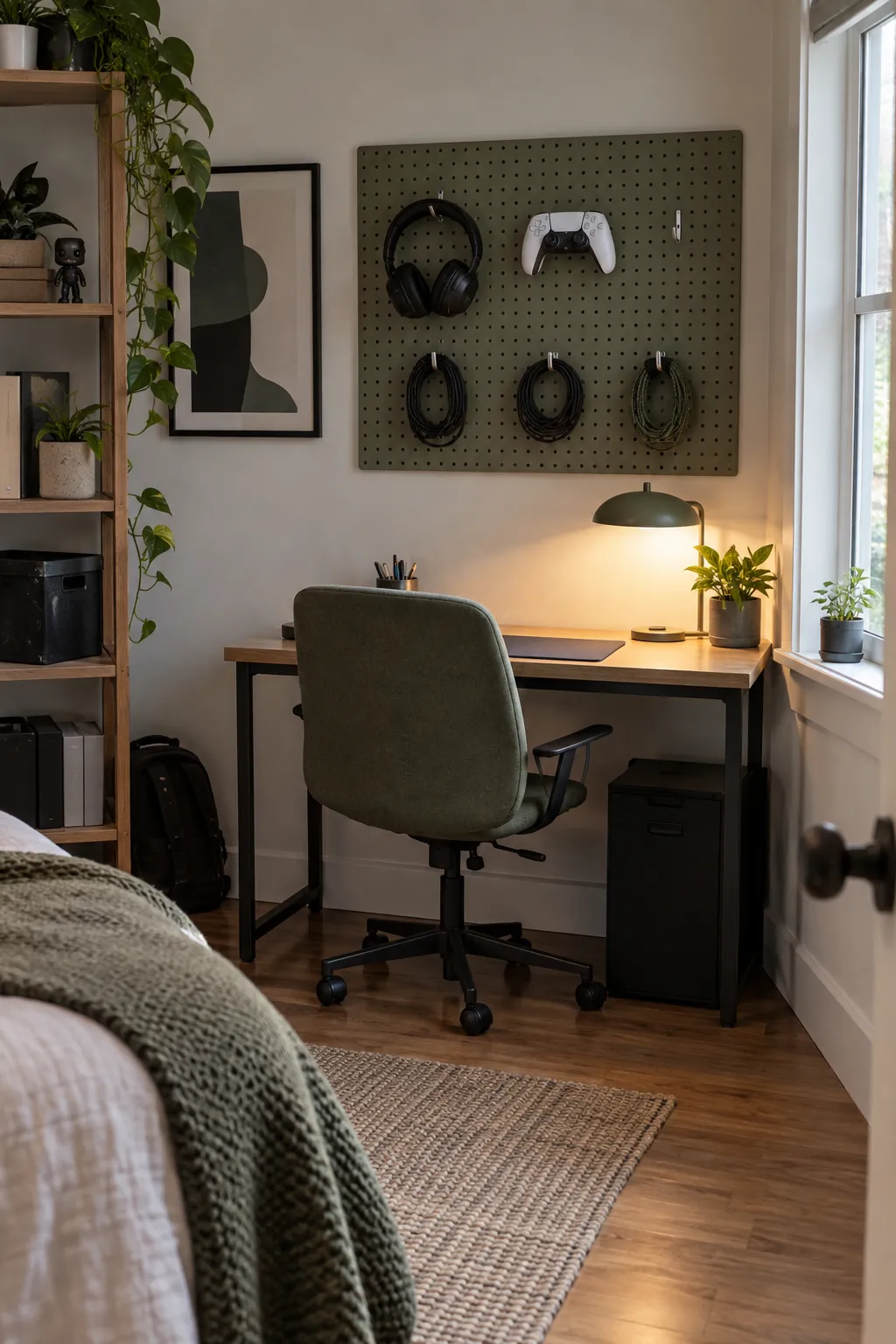 Use a pegboard for small gear in a practical gaming room setup
