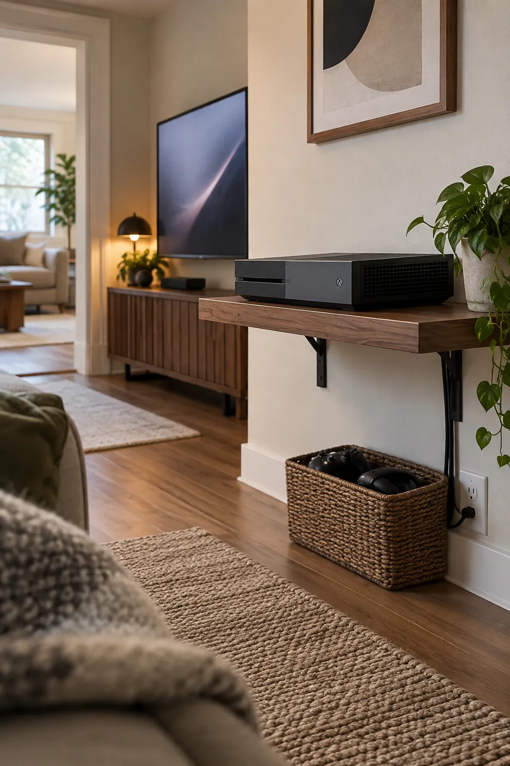 Lift consoles onto a ventilated shelf in a practical gaming room setup