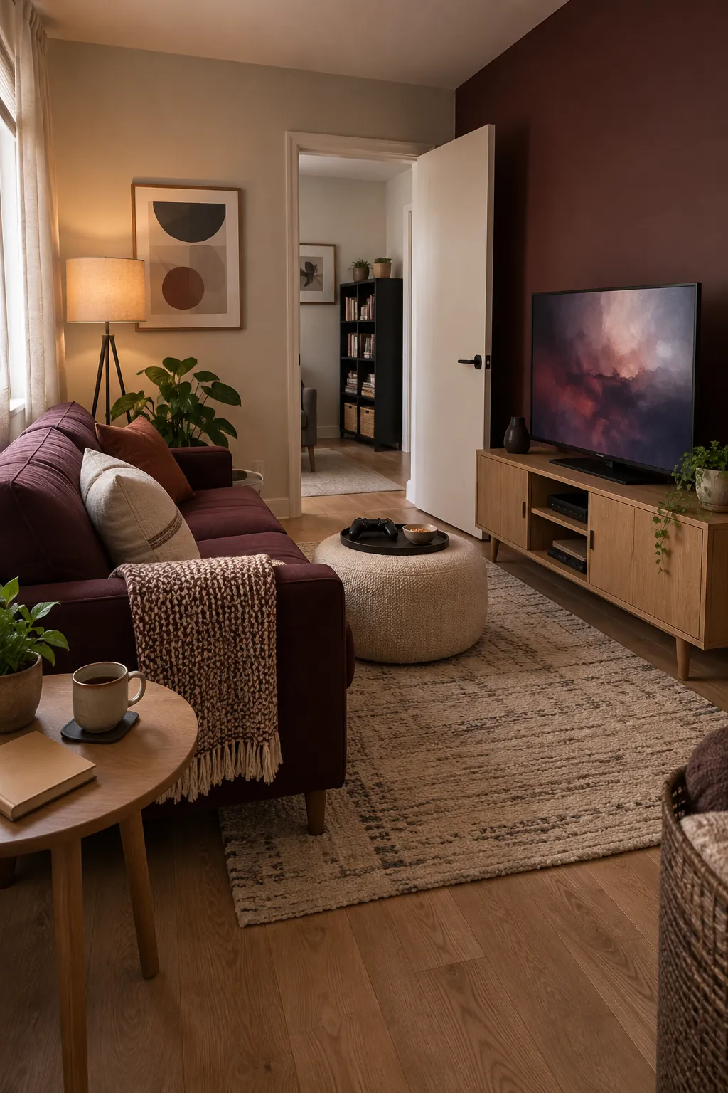 Set up a sofa facing a modest screen in a practical gaming room setup
