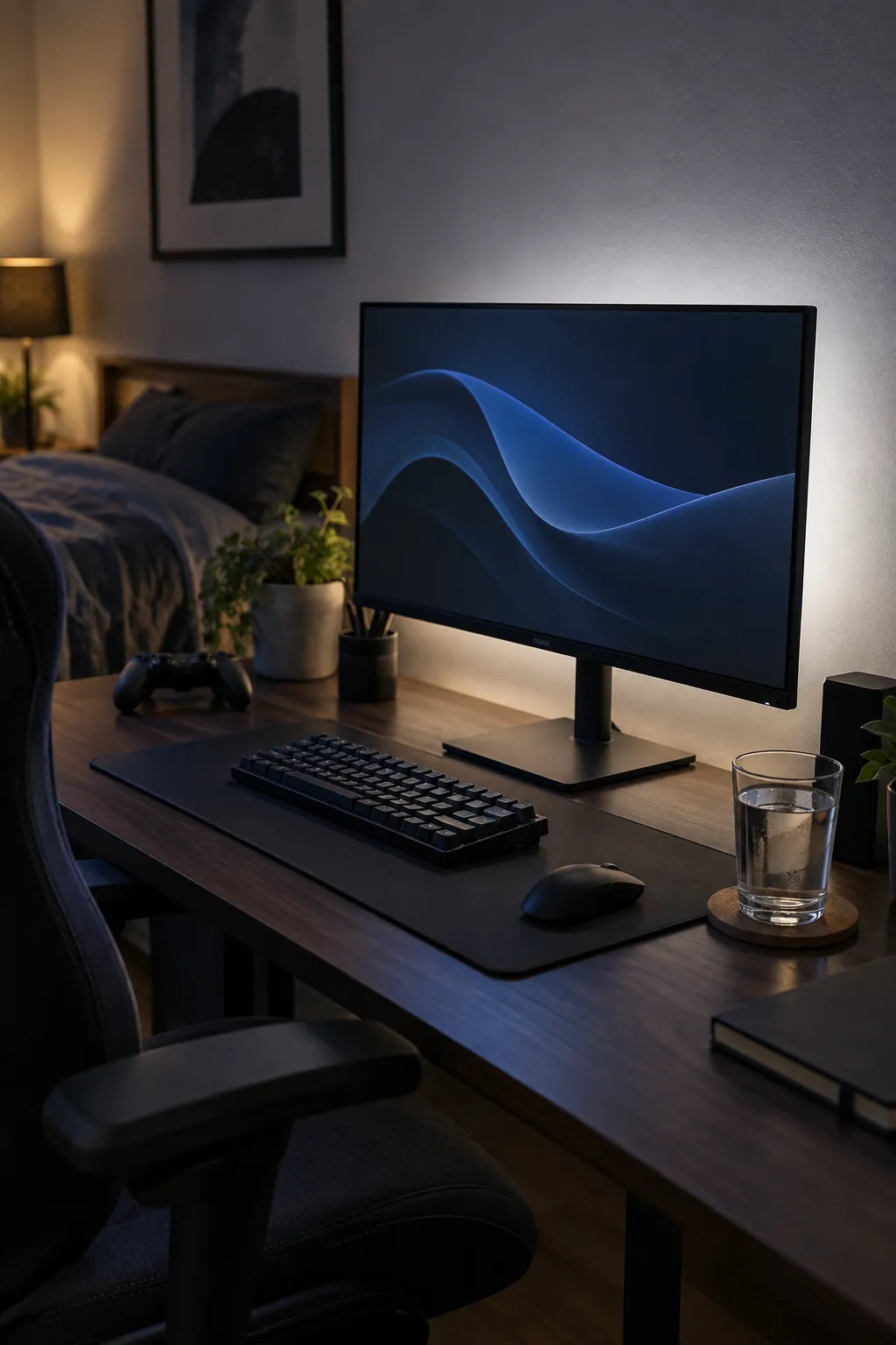 Add gentle light behind the monitor in a practical gaming room setup