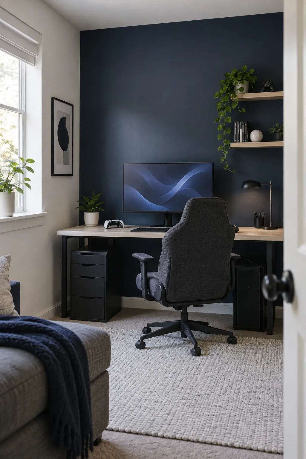Use a dark accent wall with restraint in a practical gaming room setup