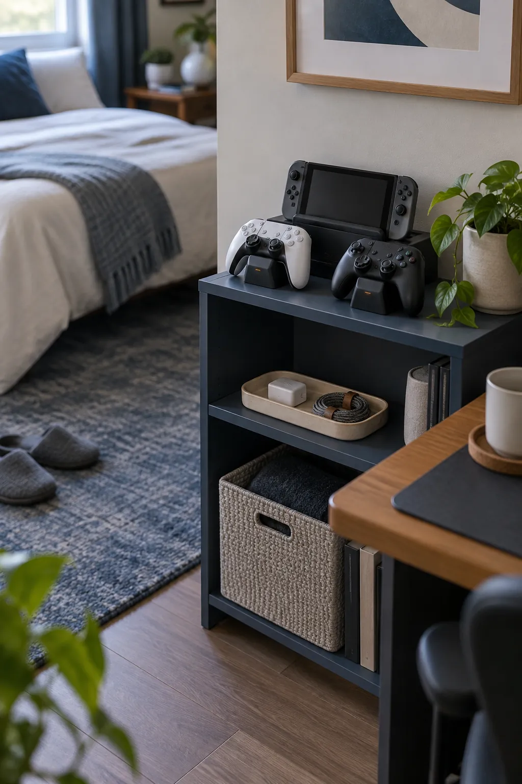 Build a compact charging spot in a practical gaming room setup