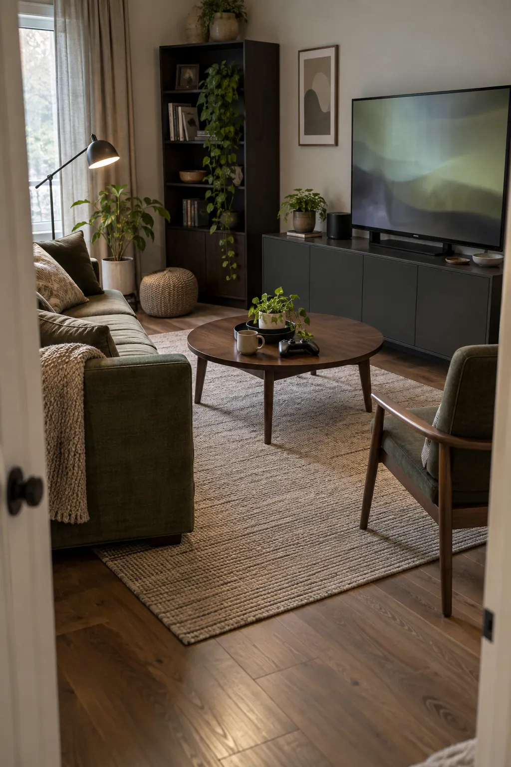 Anchor the play zone with a low pile rug in a practical gaming room setup