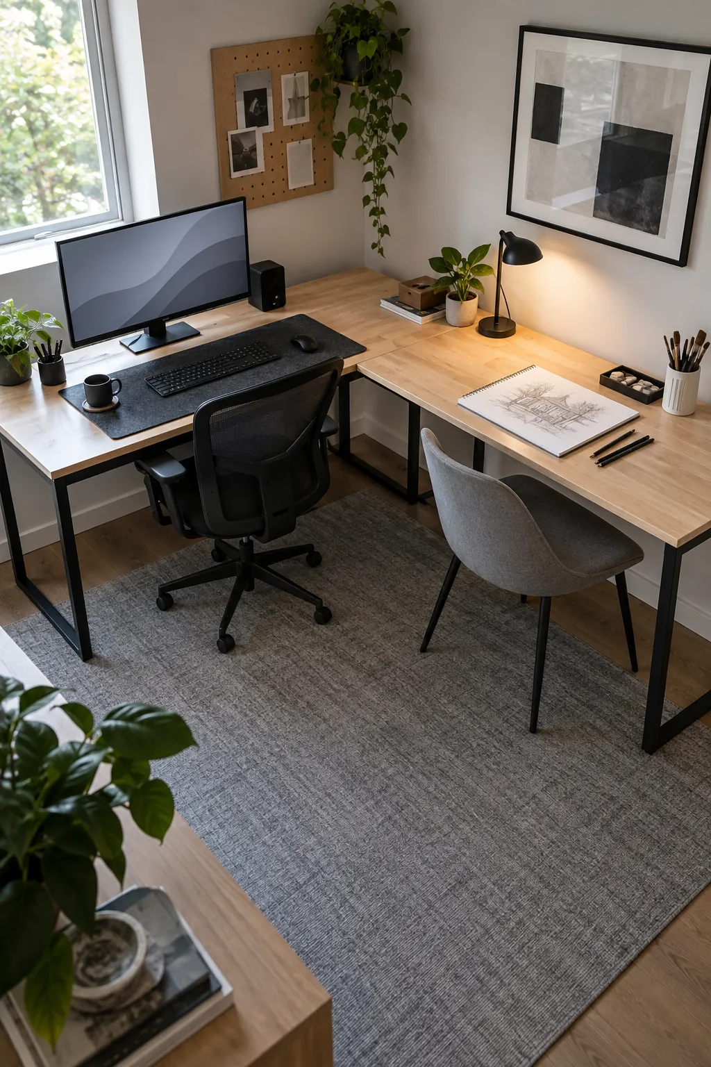 Use an L shaped desk for distinct tasks in a practical gaming room setup