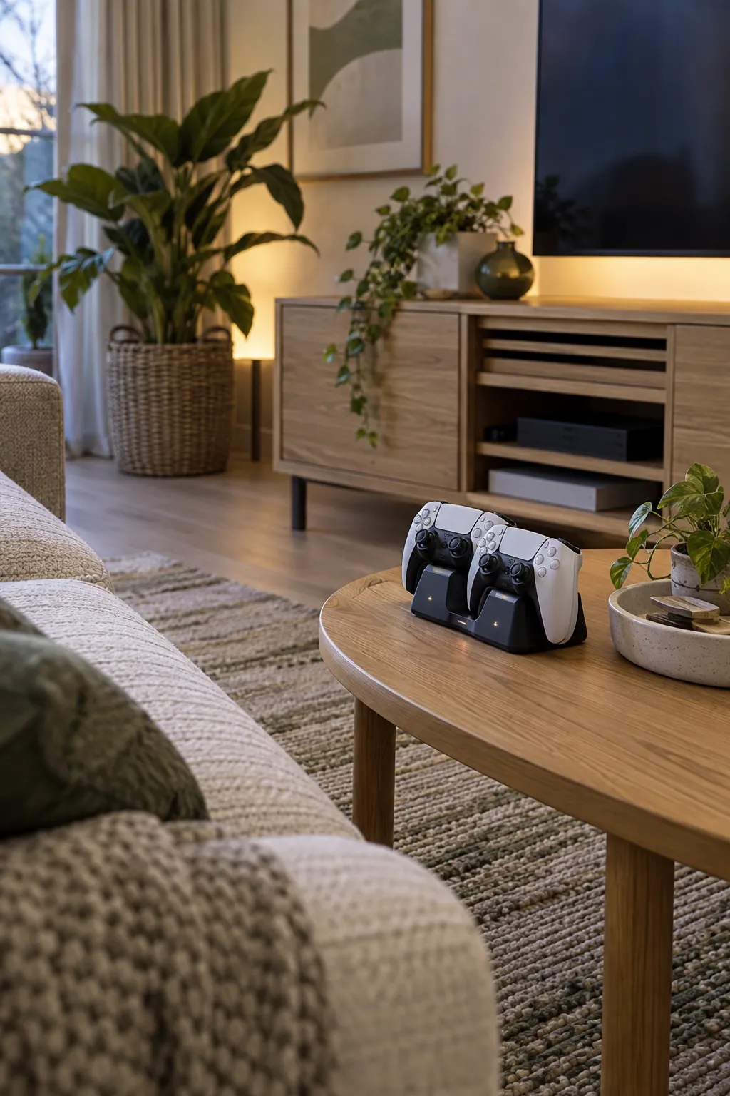 Dock controllers where play ends in a practical gaming room setup