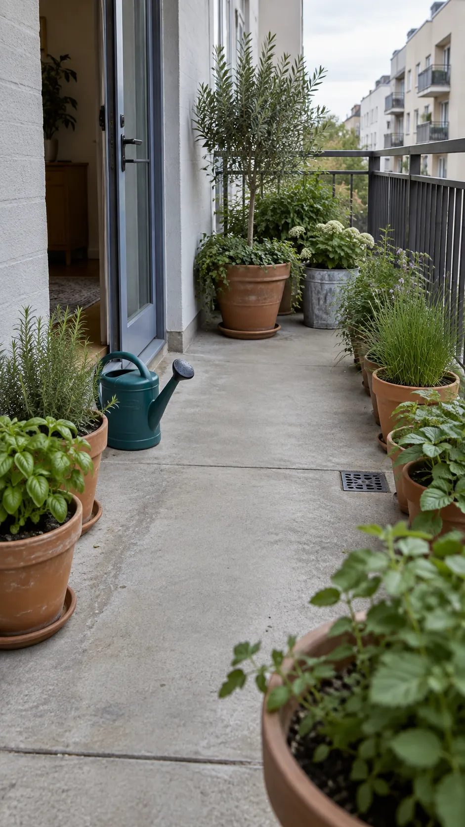 Clear walking and watering path through balcony pots