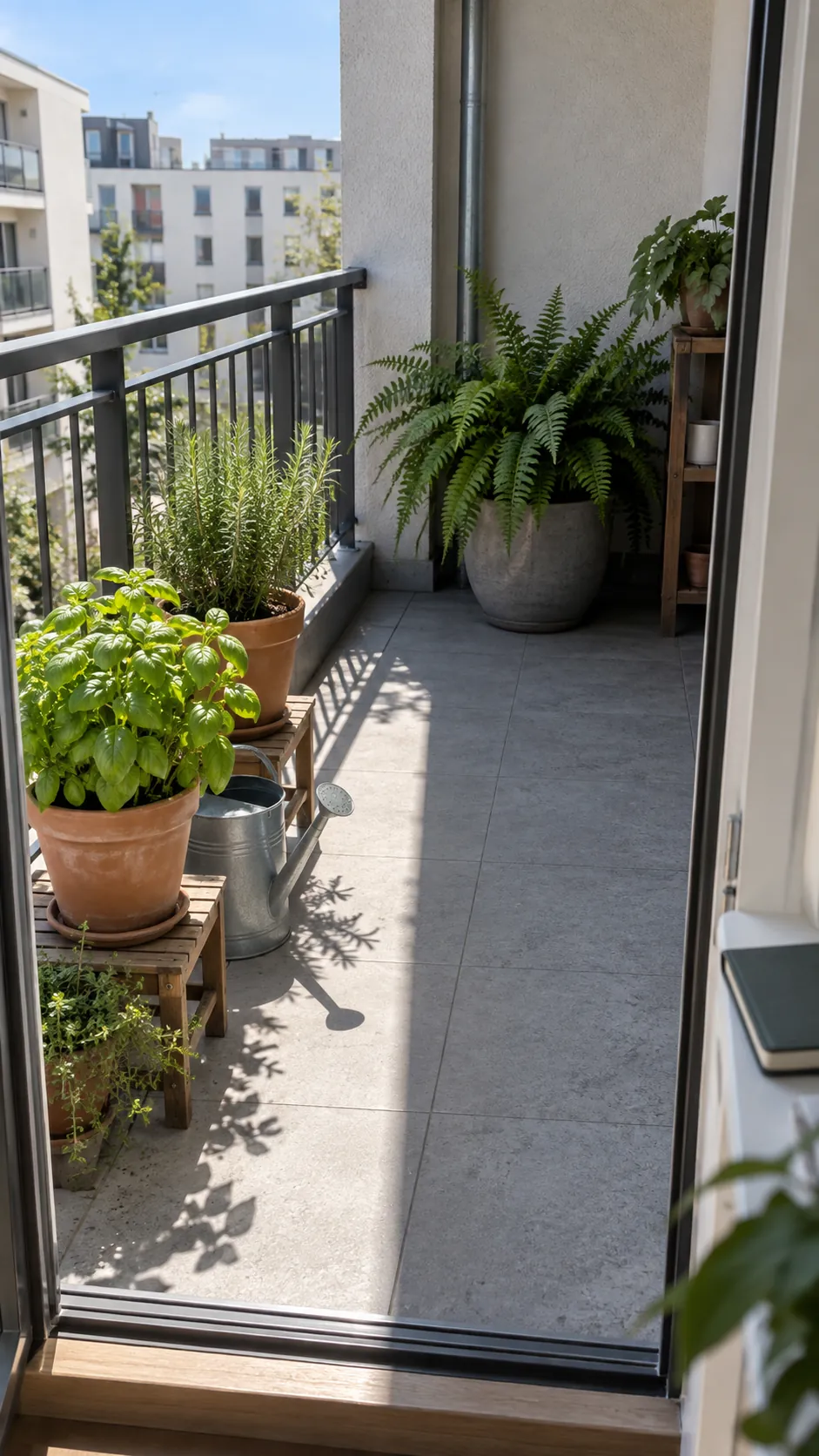 Balcony plants arranged between sunny and sheltered zones