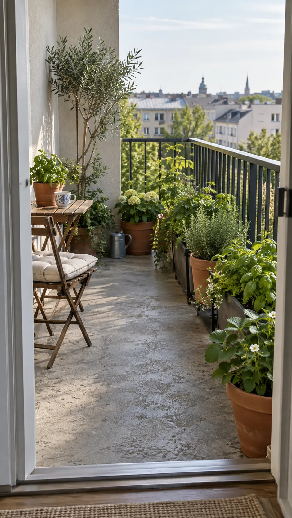 Organized apartment balcony garden with clear walking space
