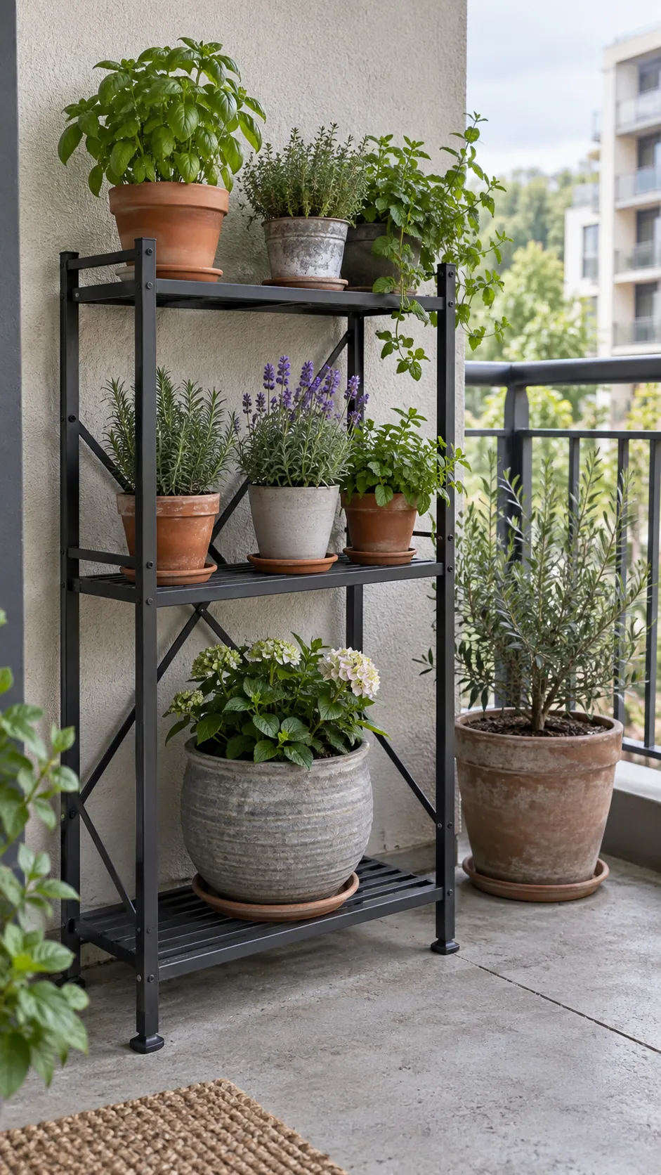 Stable tiered plant stand with heavier pots on lower shelves