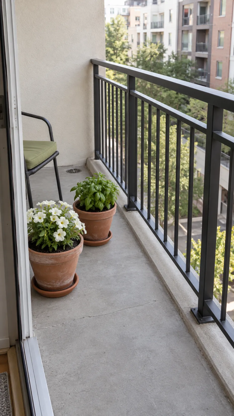 Low floor pots safely set back from a balcony railing