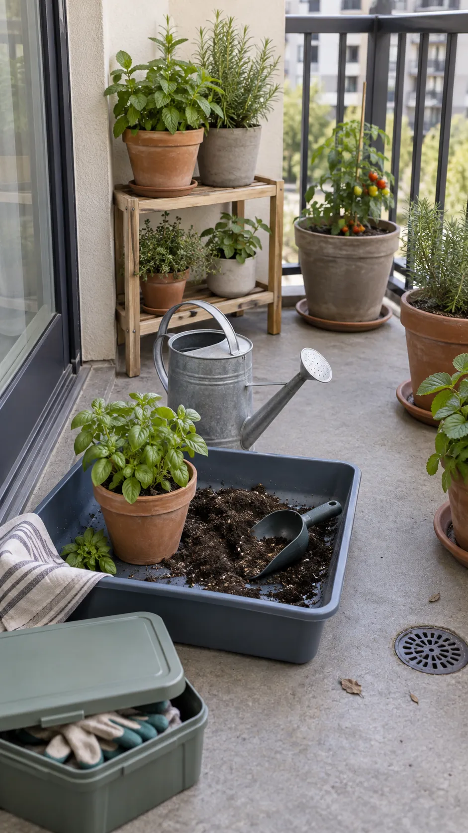 Compact balcony watering and potting station with contained supplies