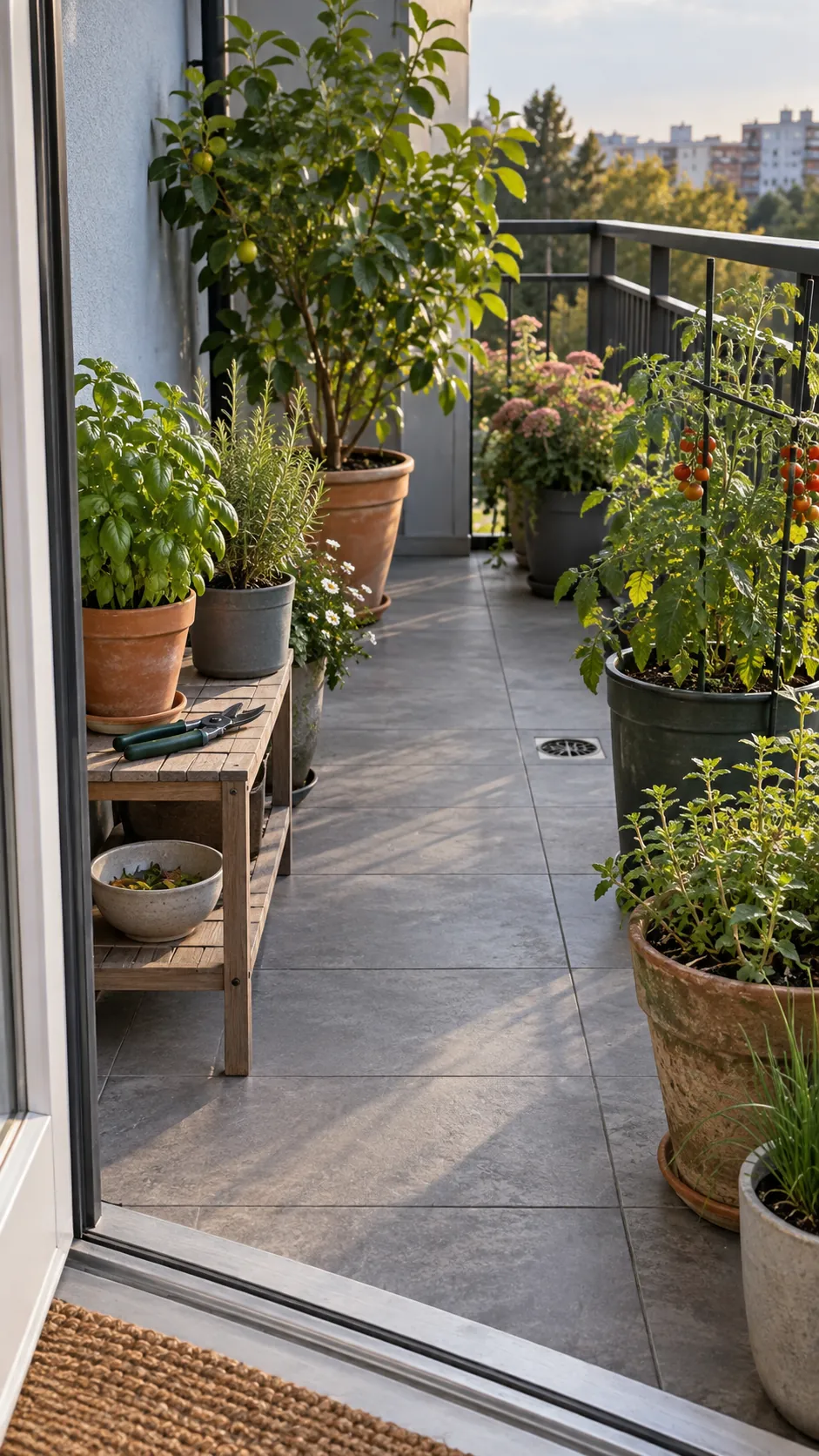 Well spaced balcony pots with room for mature plant growth