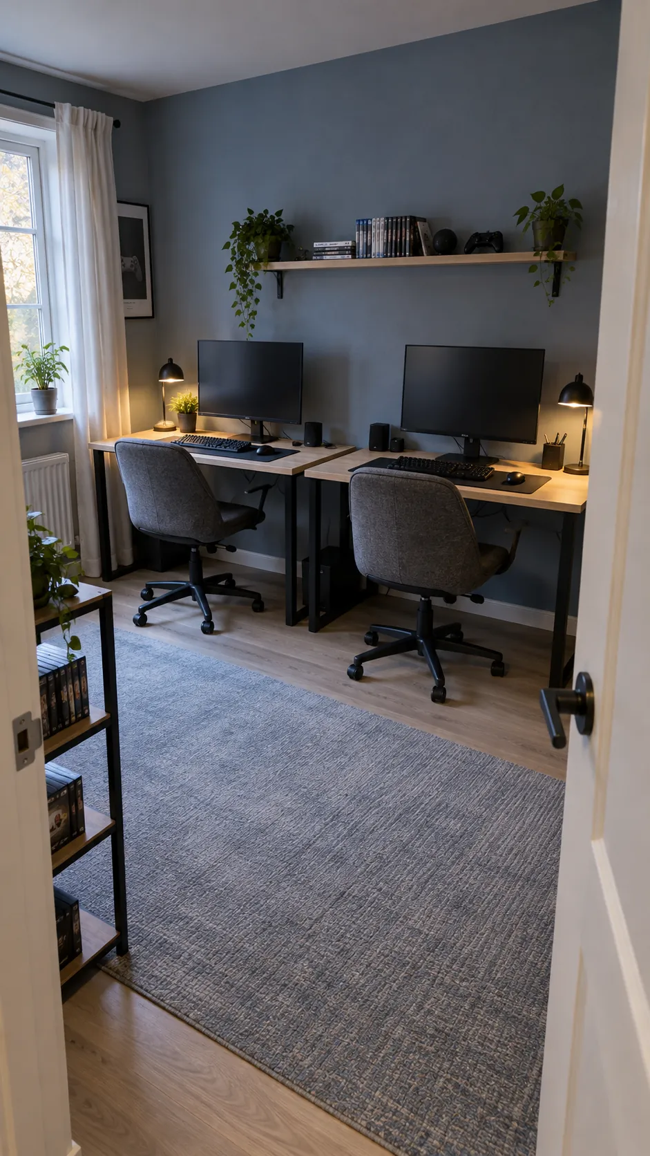 Choose one long desk or two separate desks for a practical double gaming setup